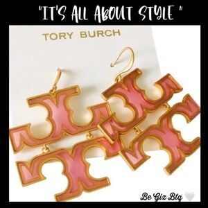 🆕Tory Burch Authentic Logo Earrings Transparent Drop Earrings Gold And Pink